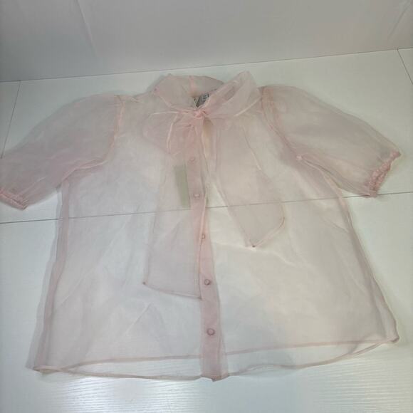 NWT Joie Pink Sheer Blouse with High Neck Bow and Puffy Sleeves Size Large R0341 - Picture 4 of 8
